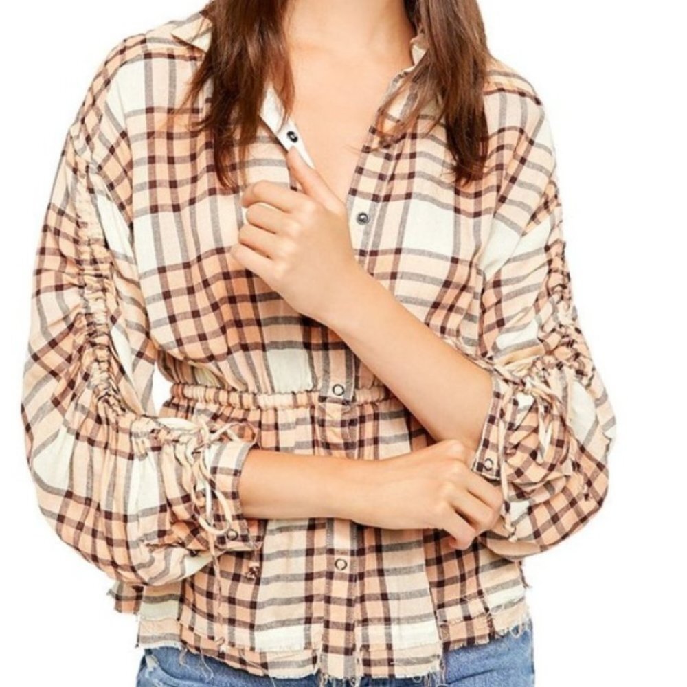 Free People Pacific Dawn Plaid Shirt Drawstring Size Small Brown Boho Top Button - Picture 11 of 11